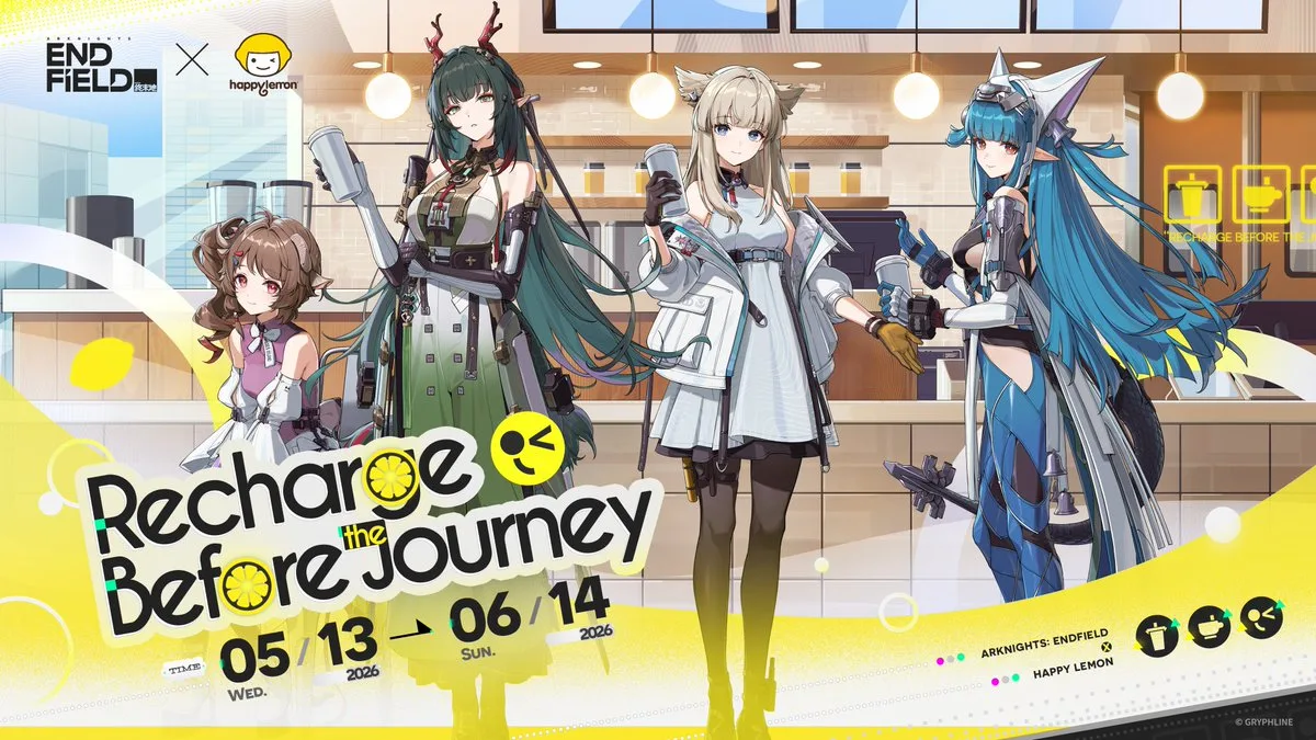 Visual utama kolaborasi Arknights: Endfield x Happy Lemon yang menampilkan karakter dan minuman bertema