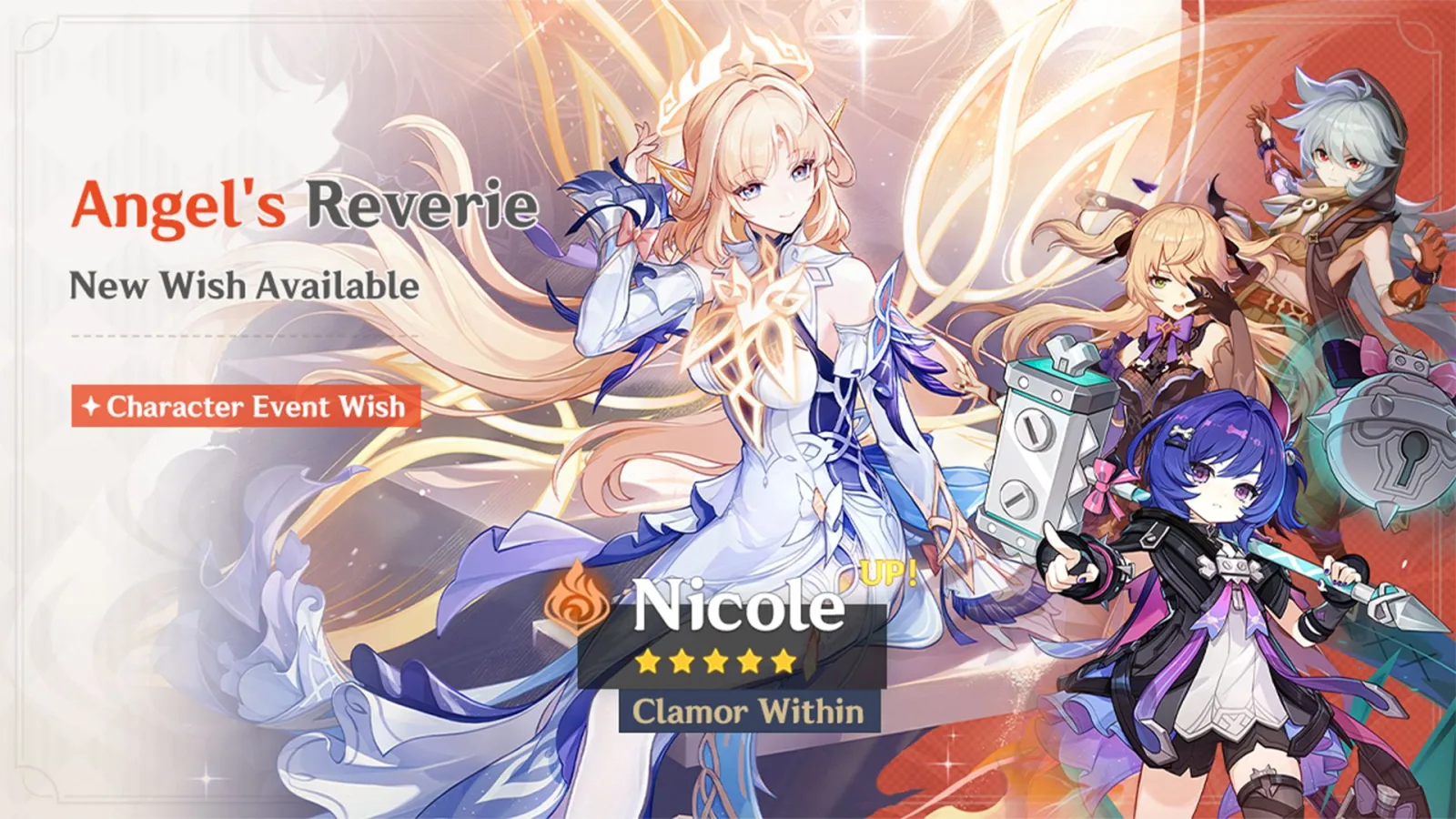 Visual banner Nicole di Genshin Impact Luna VII sebagai karakter ★5 baru berelemen Pyro dengan senjata Catalyst