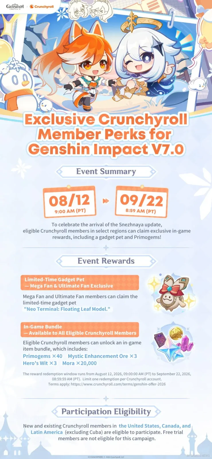 Pengumuman kolaborasi Genshin Impact x Crunchyroll yang hadir bersama Version 7.0 dan event Snezhnaya. - gambar 2