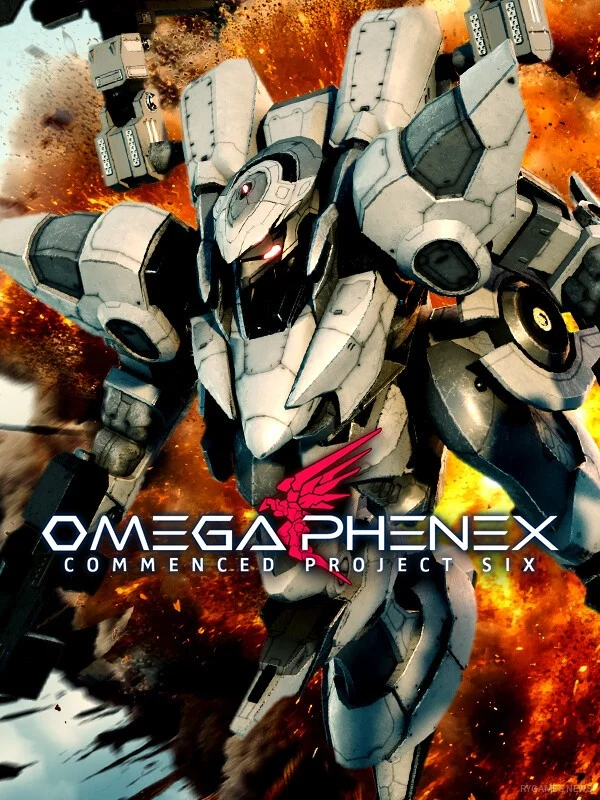 Key visual OMEGA PHENEX COMMENCED PROJECT SIX menampilkan mecha Icarus sebagai pusat high-speed 3D mecha action